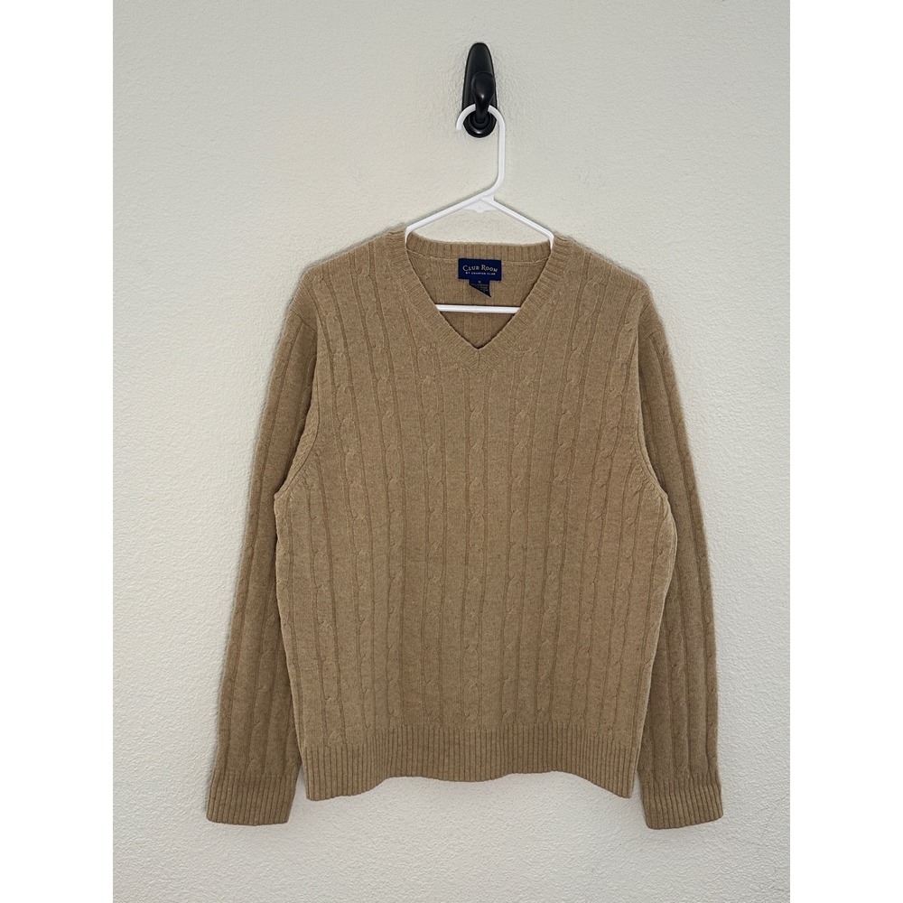 Club Room Tan Cable Knit Sweater Lambswool V Neck Pullover Top Cozy Cabincore M